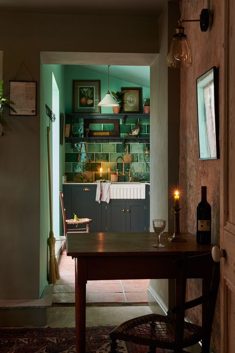 small green kitchen, farmworker's cottage in county durham