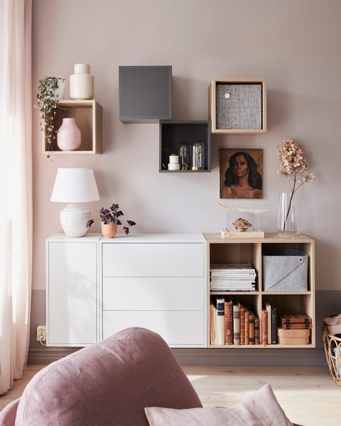 small living room with a cabinet on the wall