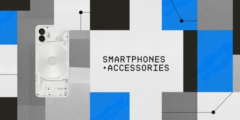 a smartphone on a background with colored squares