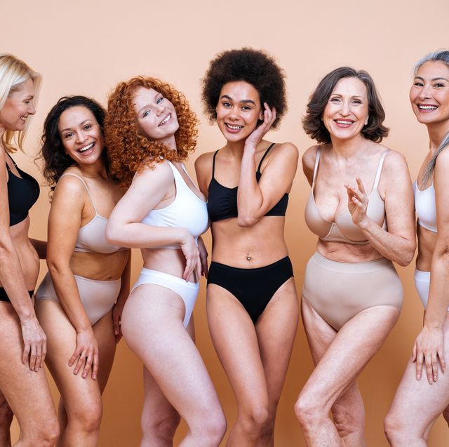 smiling females wearing lingerie against colored background