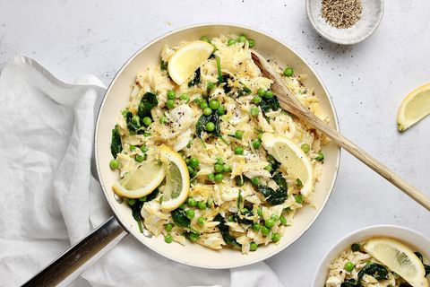 Easy smoked haddock orzotto with peas and spinach