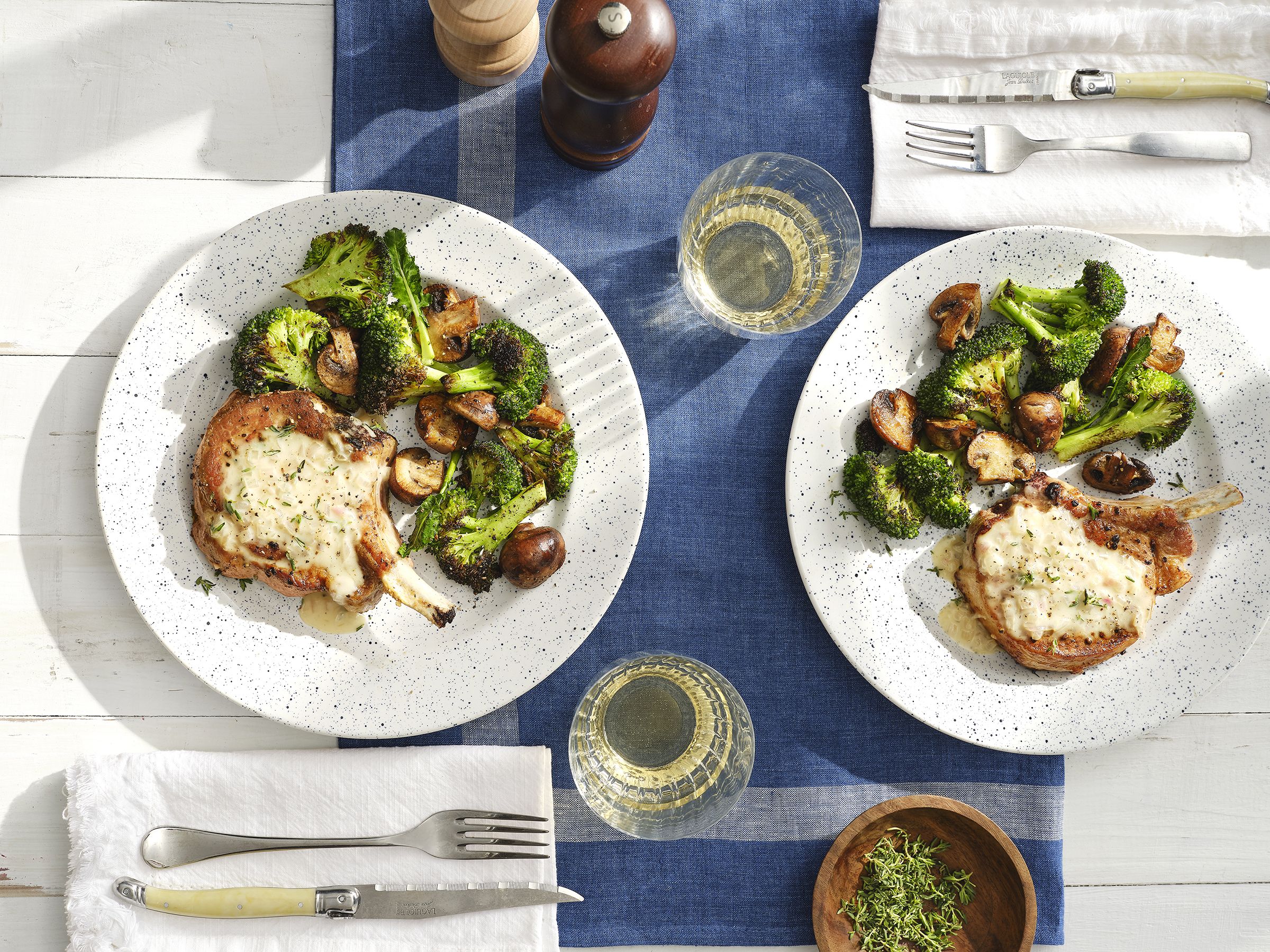Smothered Pork Chops with Broccoli and Mushrooms