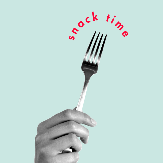 a hand holding a fork on a blue background with the words "snack time" above the fork