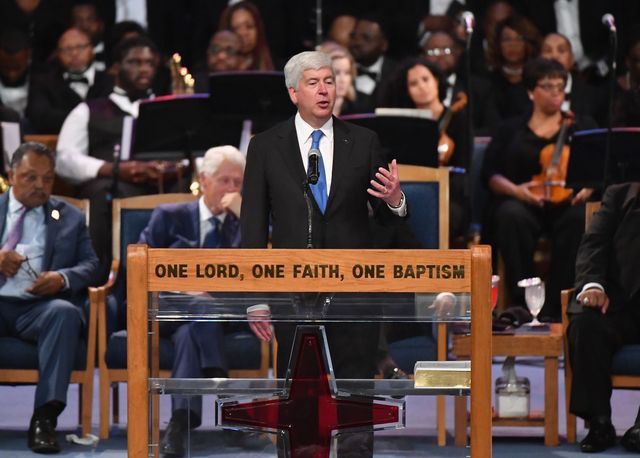 michigan governor rick snyder speaks during aretha franklin's funeral at greater grace temple on august 31, 2018 in detroit, michigan photo by angela weiss  afp        photo credit should read angela weissafp via getty images