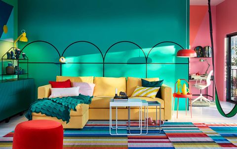 Decoration, Room, Green, Furniture, Interior design, Turquoise, Blue, Living room, Orange, Yellow, 