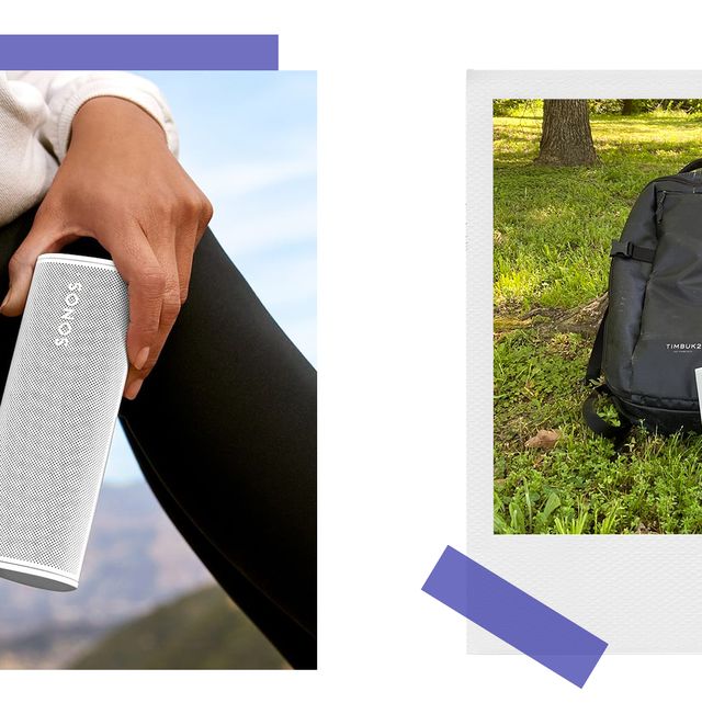 sonos roam speaker near backpack in the woods