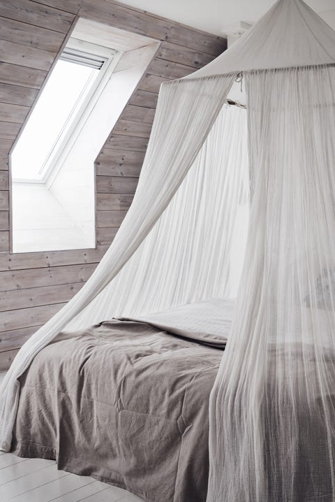 Mosquito net, Canopy bed, White, Bed, Furniture, Room, Personal care, Bedroom, Interior design, Black-and-white, 