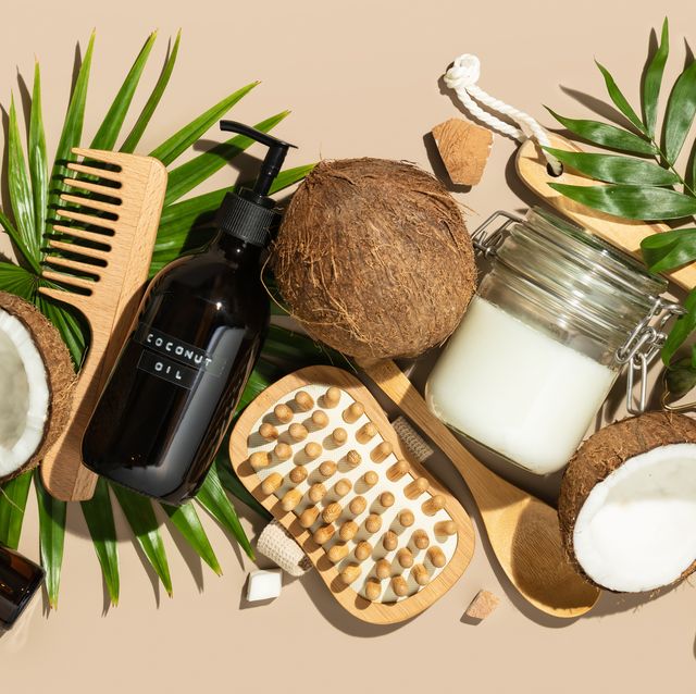 spa coconut products flat lay, face, body and hair organic treatment concept