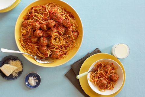 Spaghetti and meatballs in red sauce