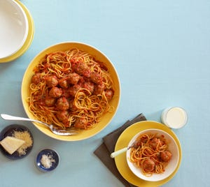 Spaghetti and meatballs in red sauce