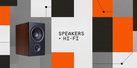 a speaker on a colored square background with a headline that says speakers and hi fi