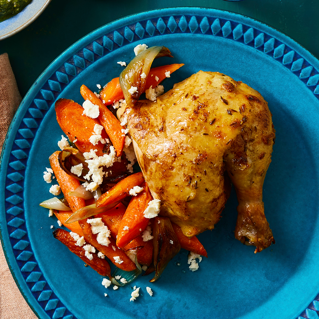 spice roasted chicken with caramelized carrots and shallots recipe