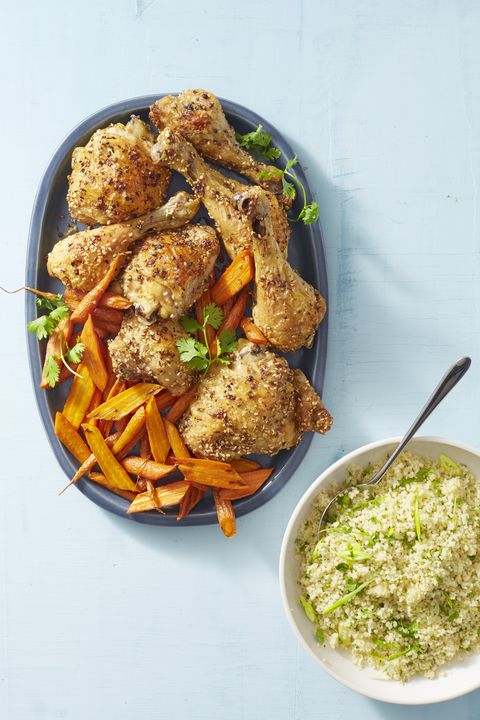 spiced sesame chicken with carrots and couscous