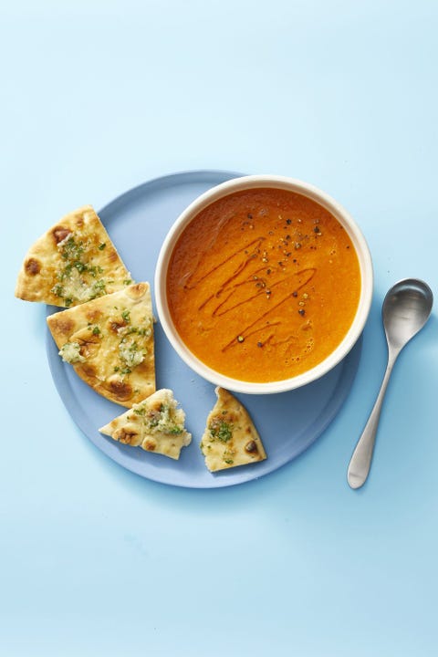 Spiced Fresh Tomato Soup with Sweet and Herby Pitas