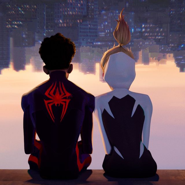 spiderman across the spiderverse miles and gwen hanging upside down looking at the city skyline