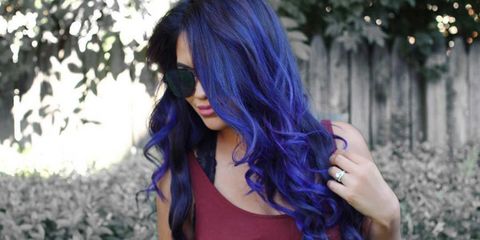 Eyewear, Vision care, Glasses, Lip, Hairstyle, Purple, Sunglasses, Electric blue, Violet, Beauty, 