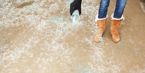 Spreading Salt on a Icy Winter Driveway