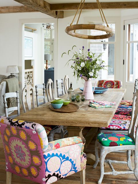 home tour with wood dining room and upholstered chairs