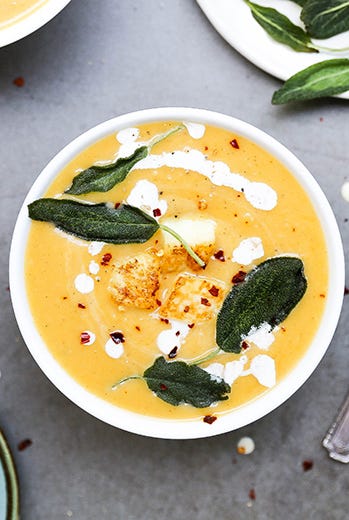 healthy slow-cooker soups: butternut squash and apple soup with fried sage and halloumi