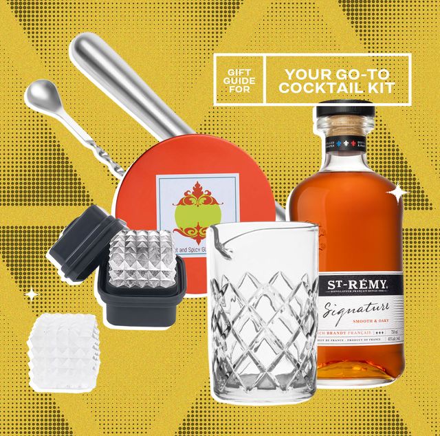 gift guide for your go to cocktail kit st remy brandy, ice cube tray, lambrecht, glass, muddler