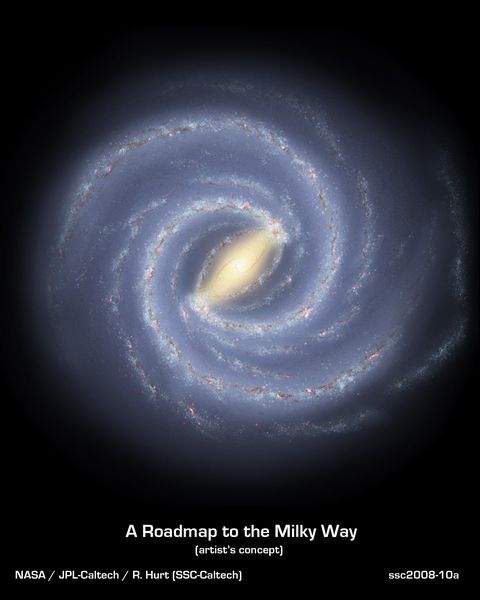 like early explorers mapping the continents of our globe, astronomers are busy charting the spiral structure of our galaxy, the milky way using infrared images from nasa's spitzer space telescope, scientists have discovered that the milky way's elegant spiral structure is dominated by just two arms wrapping off the ends of a central bar of stars previously, our galaxy was thought to possess four major armsthis artist's concept illustrates the new view of the milky way, along with other findings presented at the 212th american astronomical society meeting in st louis, mo the galaxy's two major arms scutum centaurus and perseus can be seen attached to the ends of a thick central bar, while the two now demoted minor arms norma and sagittarius are less distinct and located between the major arms the major arms consist of the highest densities of both young and old stars the minor arms are primarily filled with gas and pockets of star forming activitythe artist's concept also includes a new spiral arm, called the "far 3 kiloparsec arm," discovered via a radio telescope survey of gas in the milky way this arm is shorter than the two major arms and lies along the bar of the galaxyour sun lies near a small, partial arm called the orion arm, or orion spur, located between the sagittarius and perseus arms
