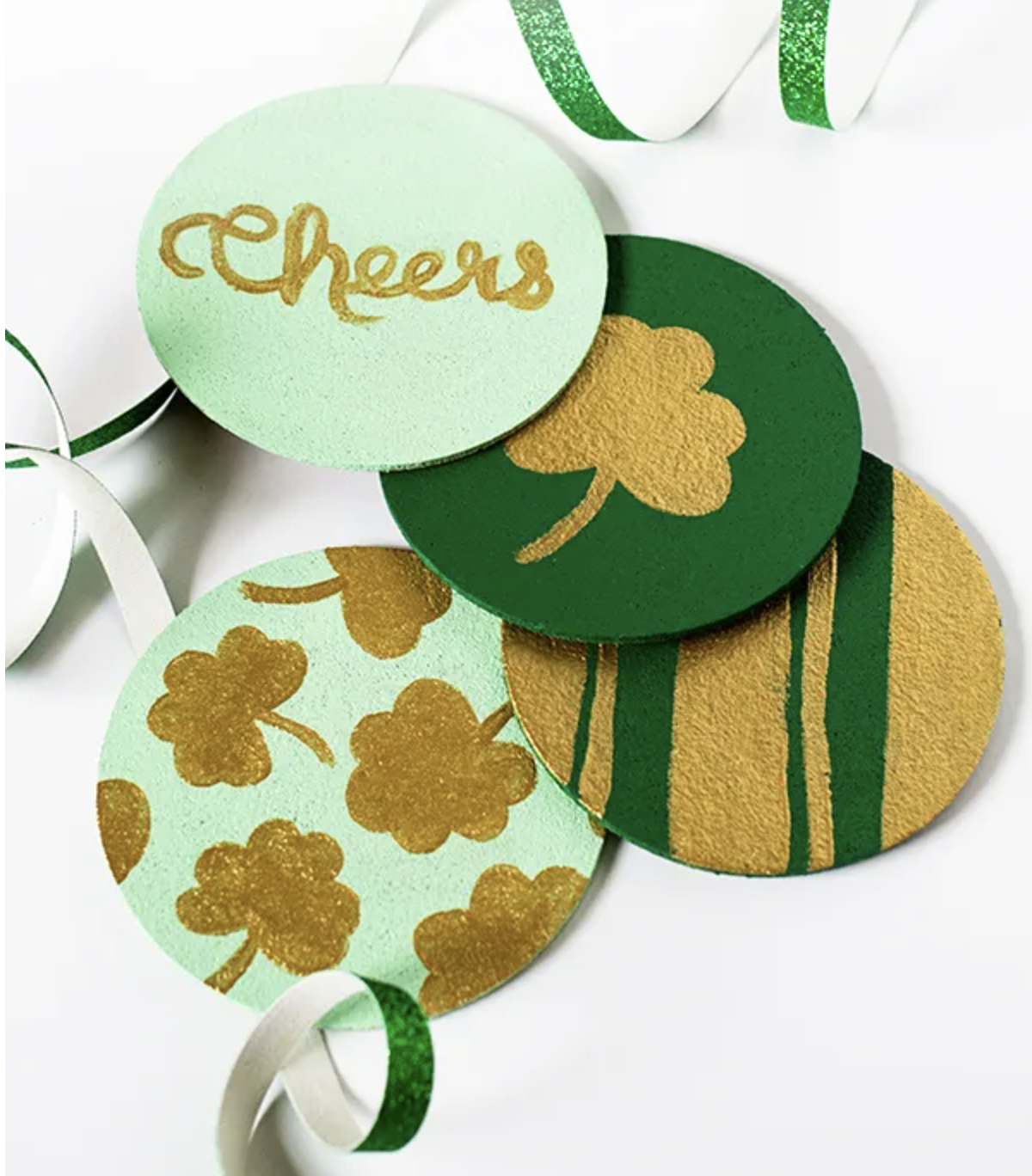 Golden Hearts With Green Flowers Set of 4 Coasters 