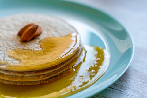 almond flour stack of pancakes with honey and almonds