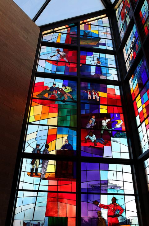 Glass, Stained glass, Interior design, Fixture, Building material, Window film, Holy places, Place of worship, 