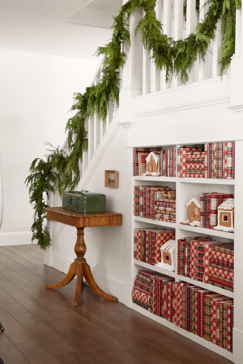 staircase christmas decorations - holiday gift wrap shelf