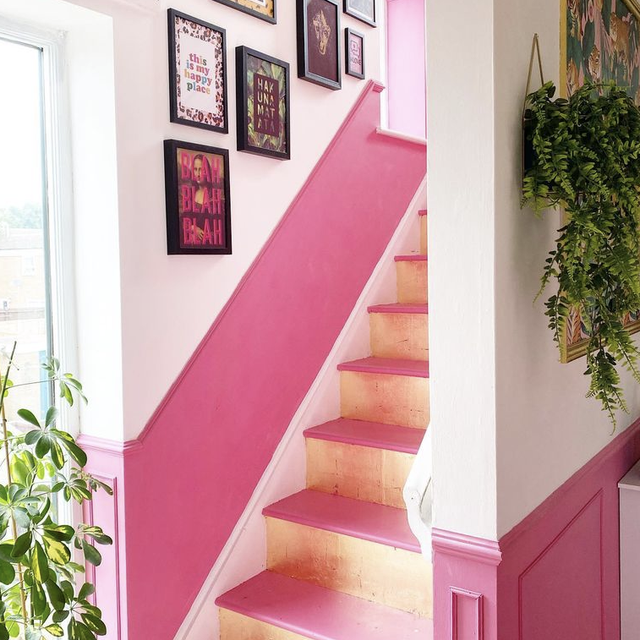 pink and gold staircase makeover, after