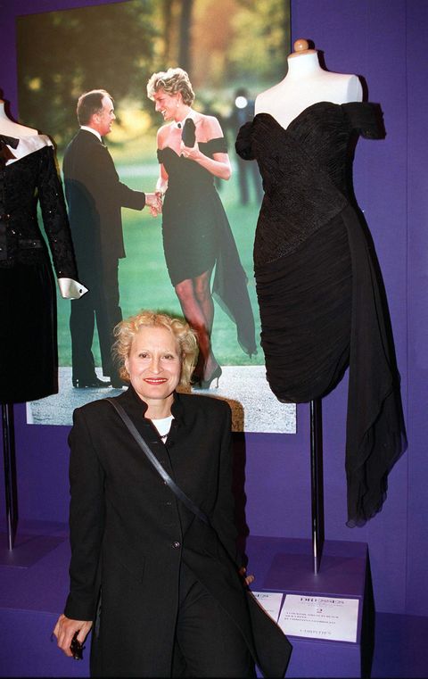 london, united kingdom june 02 christina stambolian, designer of one of the most famous dresses in the auction, in front of her design at a private viewing and reception at christies in aid of the aids crisis trust and the royal marsden hospital cancer fund the dress , made in black silk crepe, is lot number 2 in the auction photo by tim graham photo library via getty images
