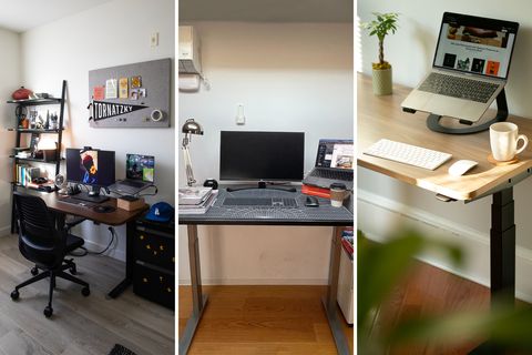 collage of three standing desks in home offices