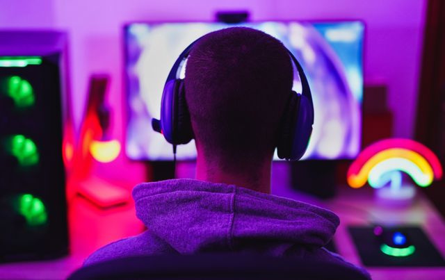 young man wearing headset and play computer video games online   home isolated for coronavirus outbreak