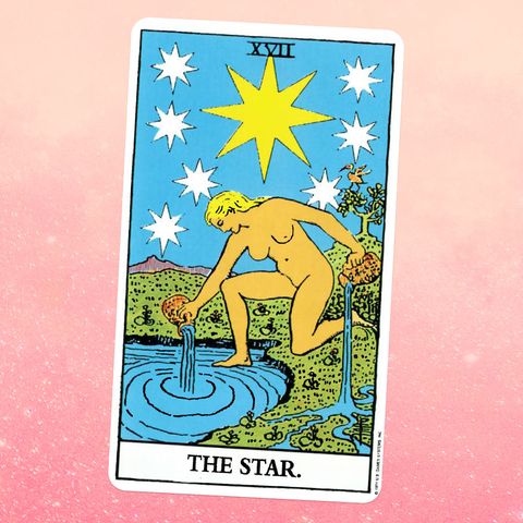the tarot card for the star, showing a nude white woman with blonde hair kneeling in front of a pond, pouring two jugs of water onto the ground, with a giant star in the sky behind her