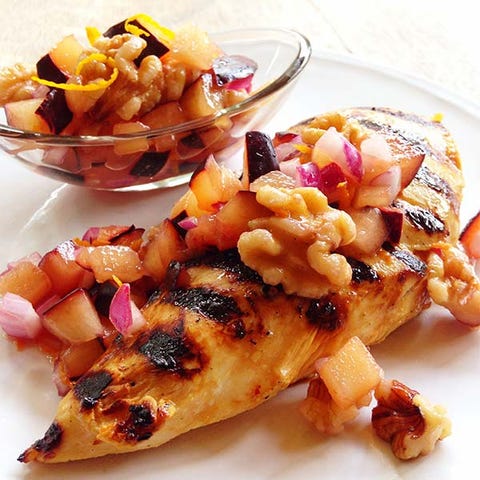 Grilled Chicken Breasts with Plum and Walnut Relish image