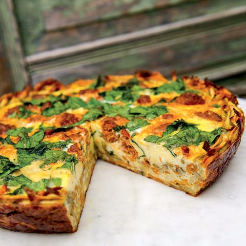 Sweet Potato and Yam Crusted Spinach and Chorizo Quiche