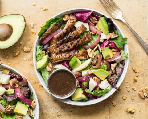 Walnut, Avocado & Pear Salad with Marinated Portobello Caps & Red Onion image