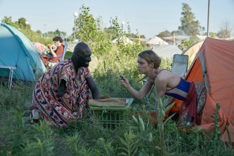 mackenzie davis with actor ﻿prince amponsah on the set of station eleven