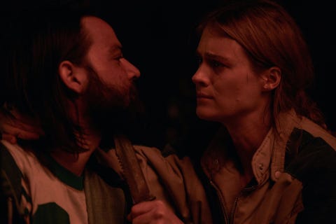 daniel zovatto and mackenzie davis in a scene from station eleven episode 2