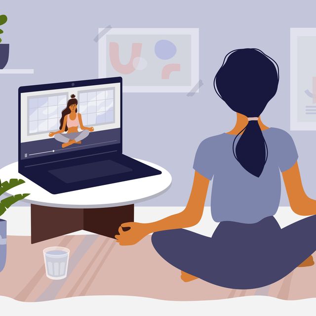 stay home concept with girl watching online classes on laptop and practicing yoga
