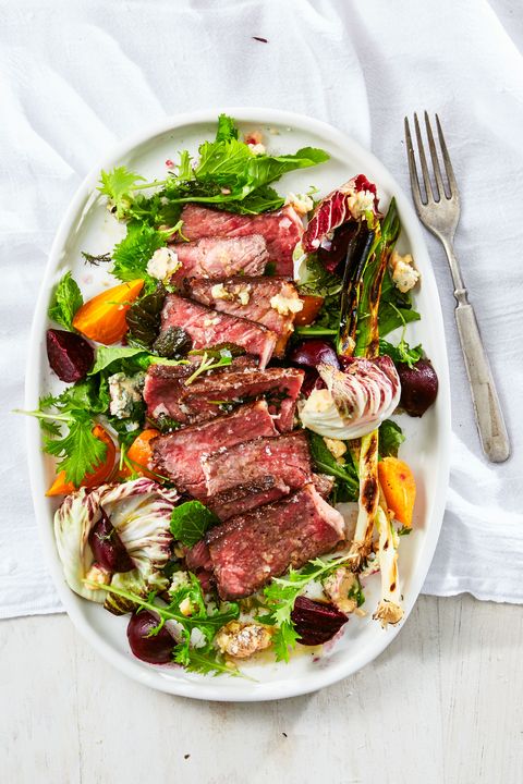 steak salad with charred green onions and beets