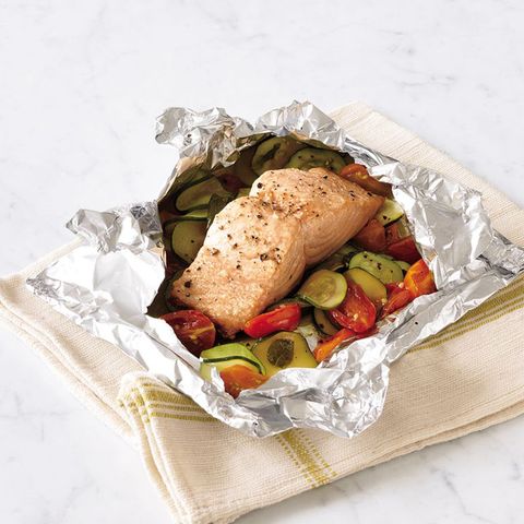 steamed salmon and zucchini, tomato and basil