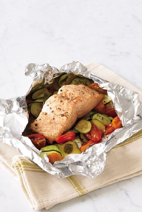 Steamed Salmon and Zucchini, Tomato and Basil