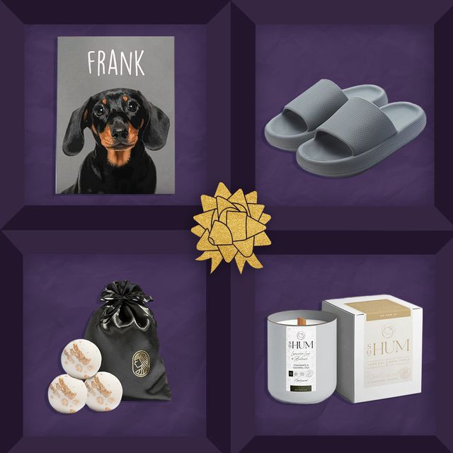 pet portrait, cloud slippers, bonus mom necklace, hum candle, bath bombs