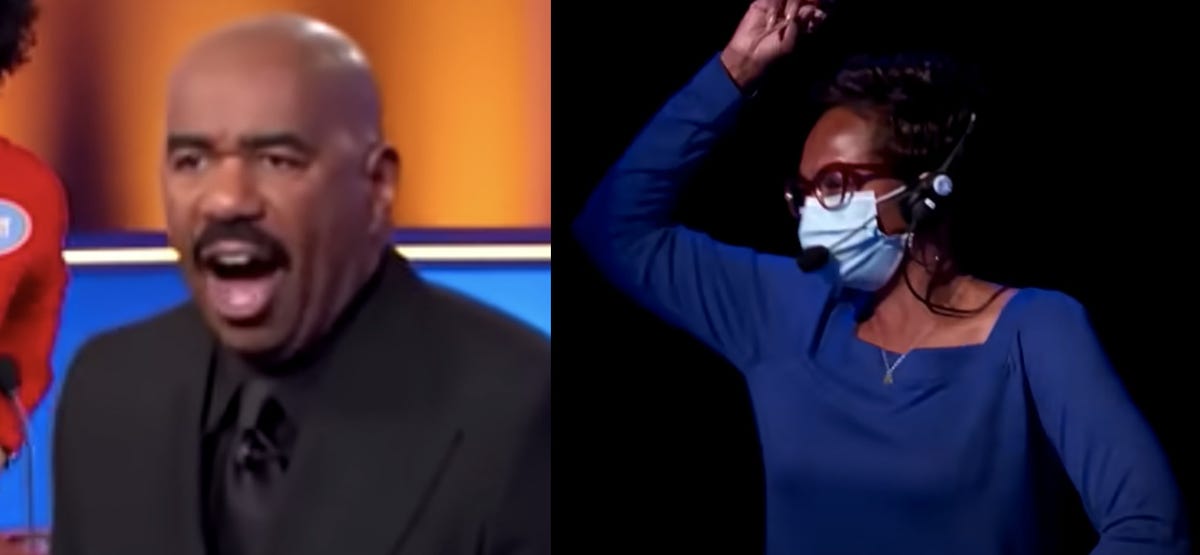 steve harvey family feud roasted crew member tanya reaction