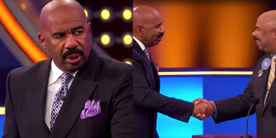 Steve Harvey Reacts to Meeting His Lookalike During 'Family Feud' Episode