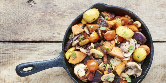 stir fried winter vegetables in a cast iron pan