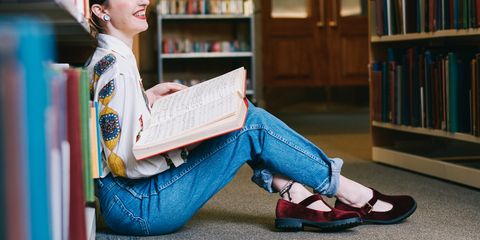Library, Reading, Sitting, Child, Book, Bookcase, Publication, Footwear, Furniture, Shoe, 