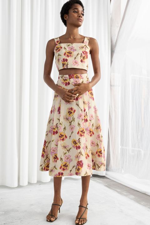 Linen-blend floral A-line skirt