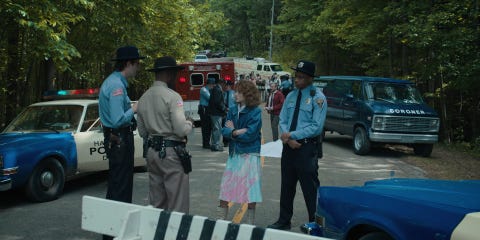 4 stranger things l to r john paul reynolds as officer callahan, rob morgan as officer powell and natalia dyer as nancy wheeler in stranger things cr courtesy of netflix © 2022
